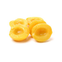 Canned peach on syrup over white background